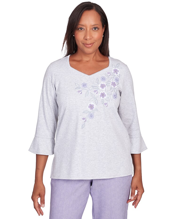 Alfred Dunner® Isn't It Romantic Floral Applique Sweetheart Neck Top image number 1
