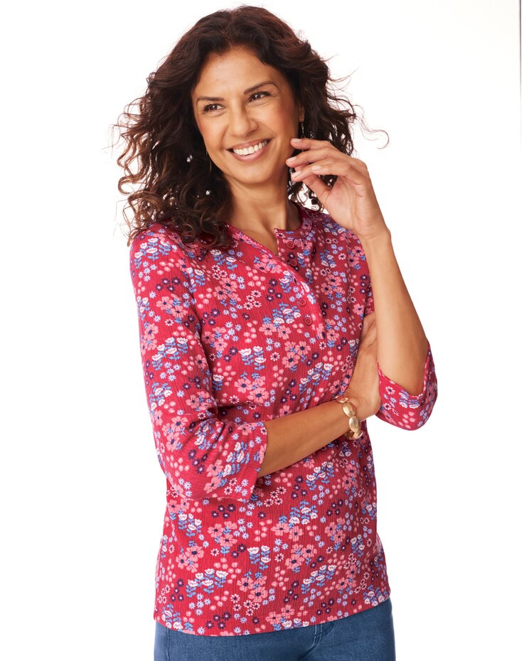 Three-Quarter Sleeve Pointelle Henley Top image number 2