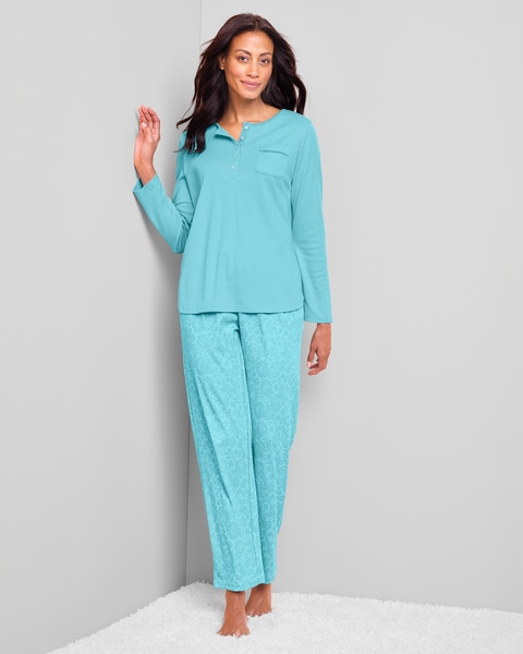 Lace-Print Knit Henley Pajamas