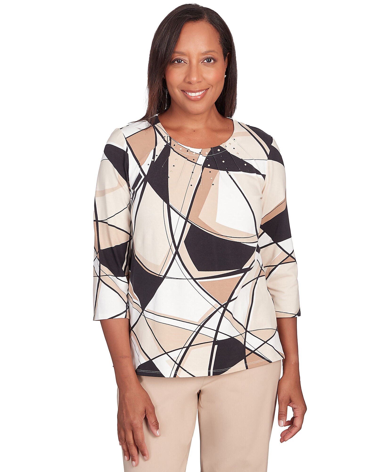 Alfred Dunner Neutral Territory Abstract Patchwork Pleated Neck Top