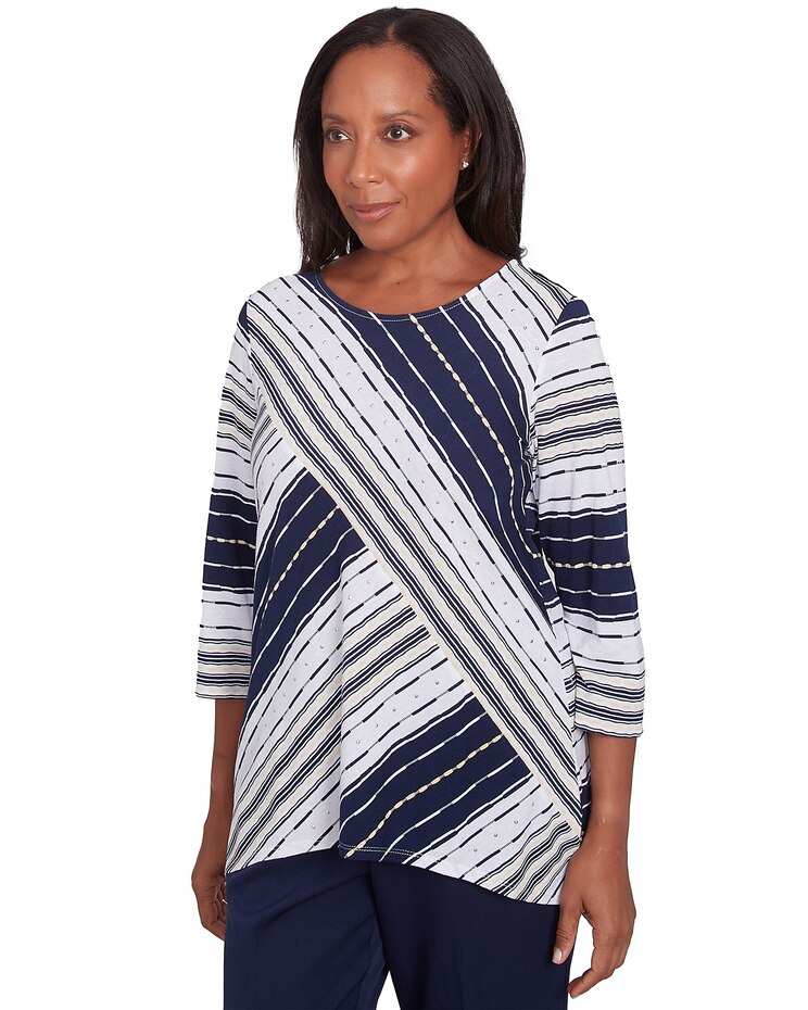 Alfred Dunner® Block Island Spliced Stripe Crew Neck Textured Top image number 3