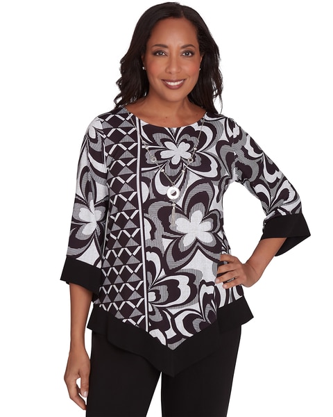 Alfred Dunner® Runway Ready Floral Geometric Top with a Contrast Trim with a Detachable Necklace