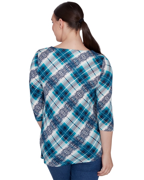 Ruby Rd® Wintery Glow Knit Plaid Hatchi Top