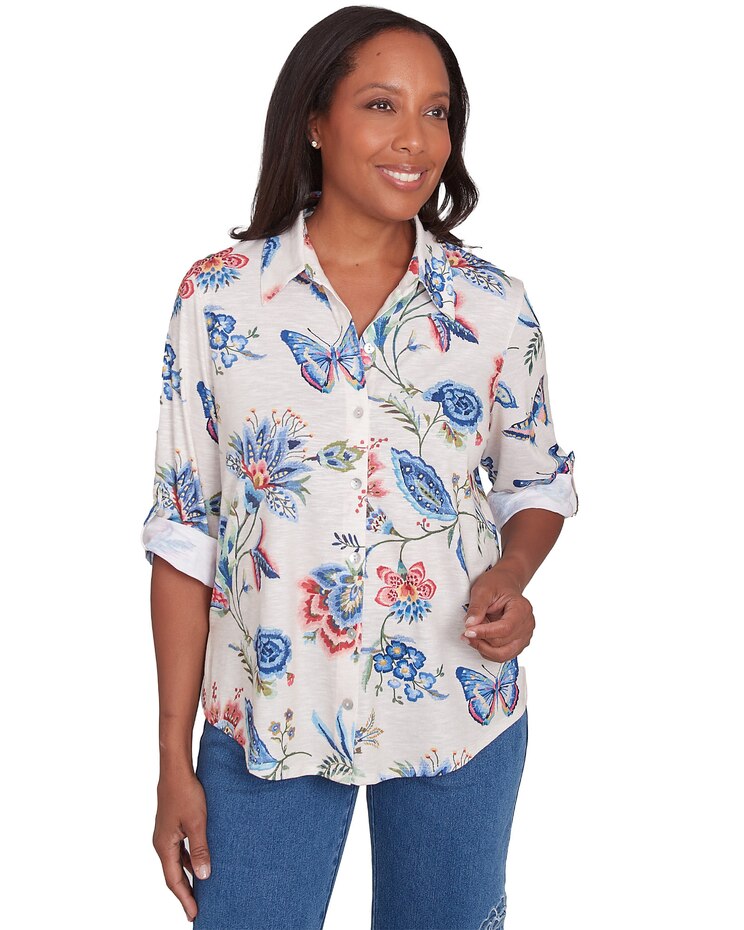 Alfred Dunner® Free Spirit Butterfly Button Up Cuffed Sleeve Shirt image number 1