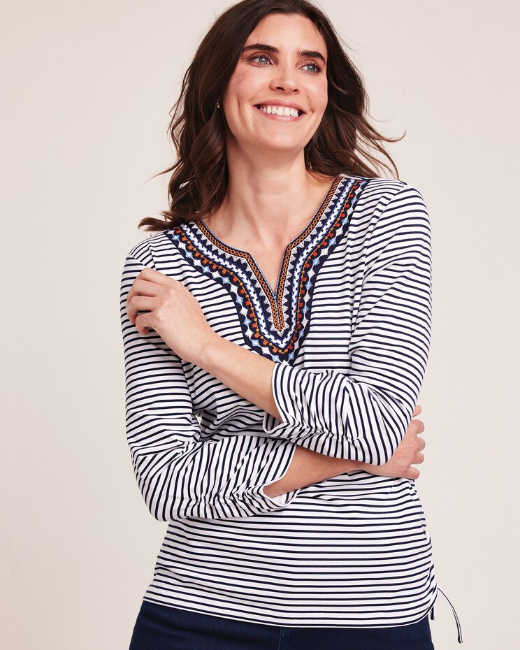 Alfred Dunner® Moody Blues Embroidered Neckline Stripe Top image number 1