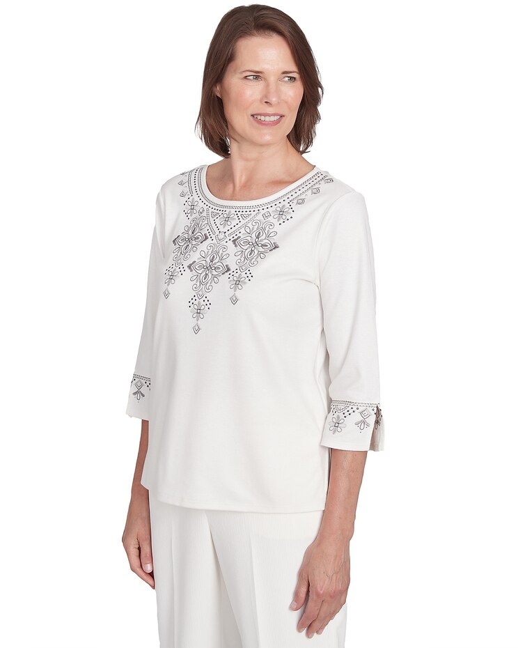 Alfred Dunner® Copenhagen Medallion Collar Embroidery Top image number 3