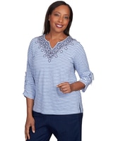 Alfred Dunner® Lavender Fields Stripe Geo Embroidered Split Neck Top thumbnail number 3