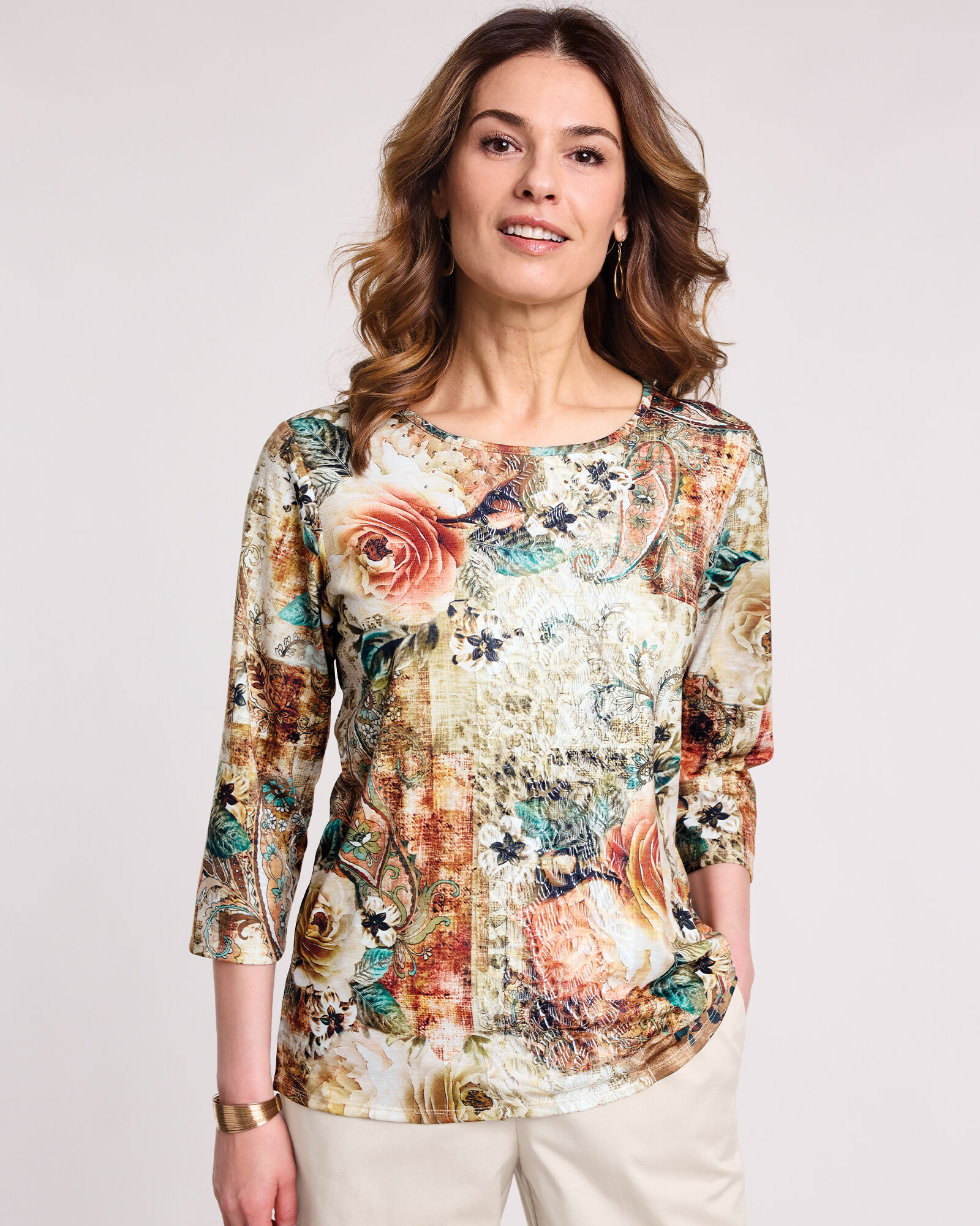 Alfred Dunner Emerald Isle Animal Floral Center Lace Top