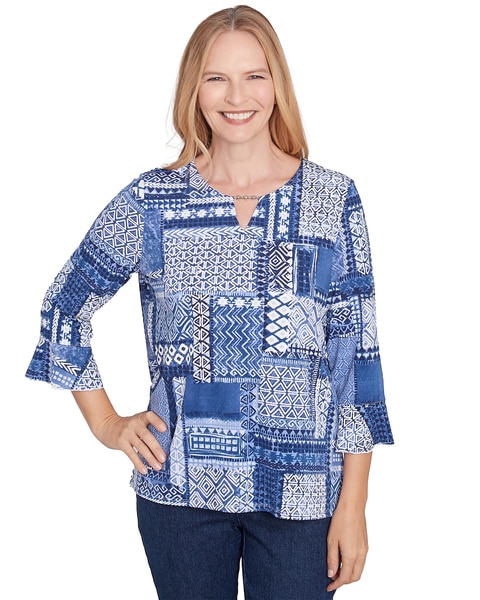 Alfred Dunner® Classics Beaded Split Neck Patchwork Top