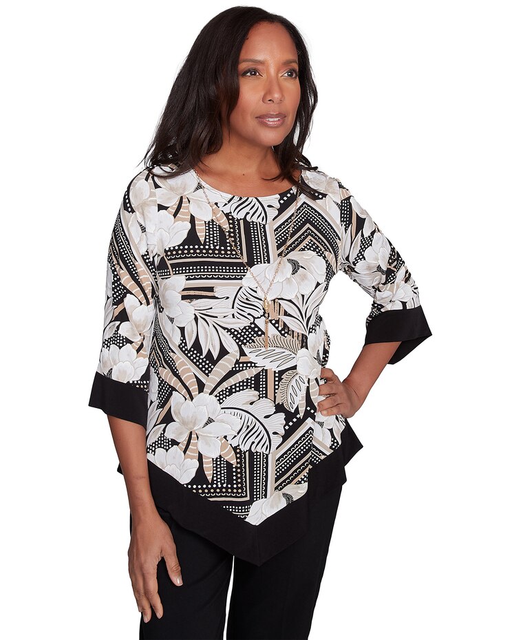 Alfred Dunner® Classics Floral Geometric Crewneck Top with Necklace image number 1