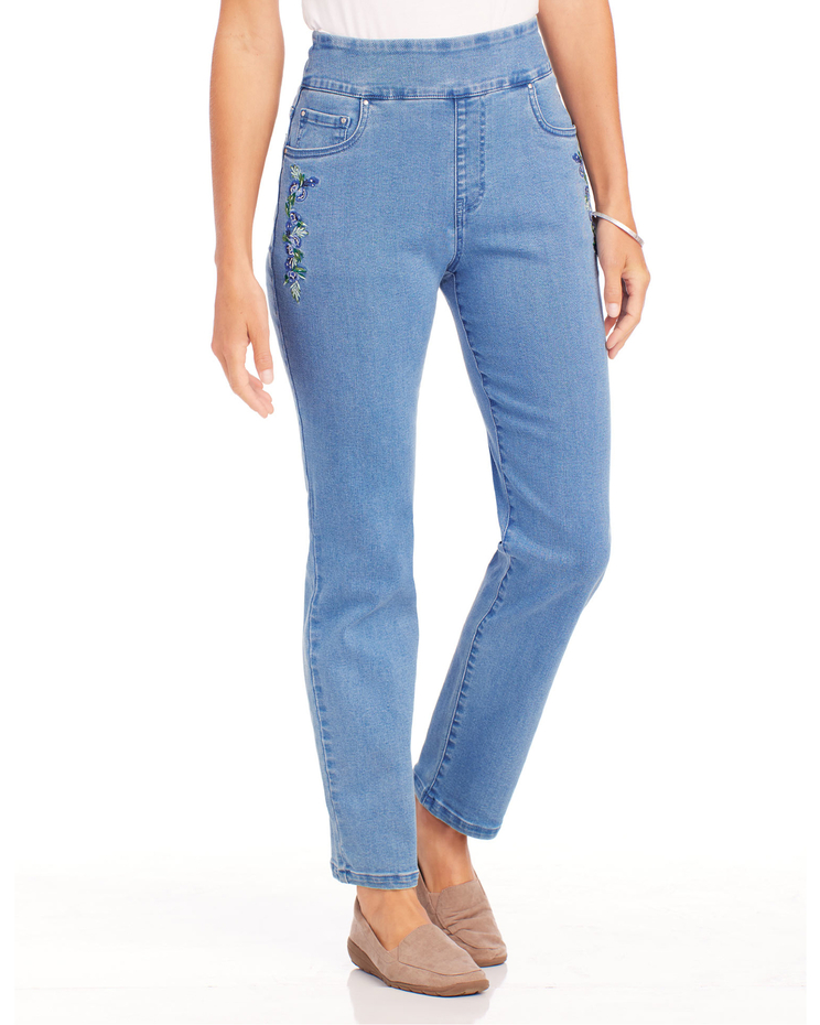 DenimEase™ Flat Waist Embroidered Jeans image number 1