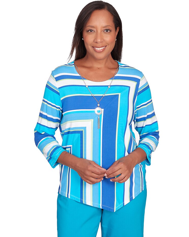 Alfred Dunner® Tradewinds Blue Corners Striped Top With Necklace image number 1