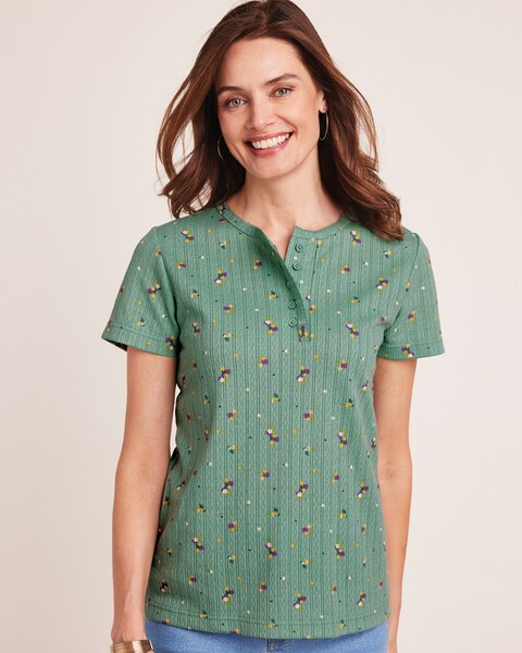 Print Short Sleeve Pointelle Henley Top
