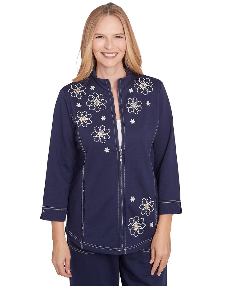 Alfred Dunner® Block Island Embroidered Daisy French Terry Jacket image number 1