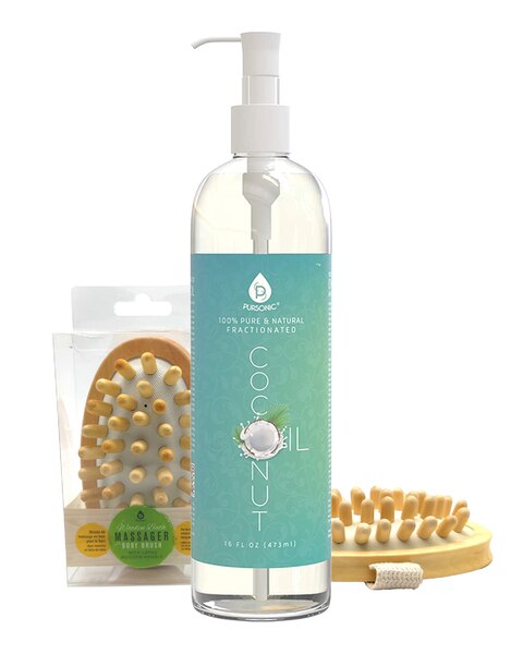 Pursonic Nourishing Beauty Bundle: Fractionated Coconut Oil (16 Oz) & Boar Bristle Bath Brush