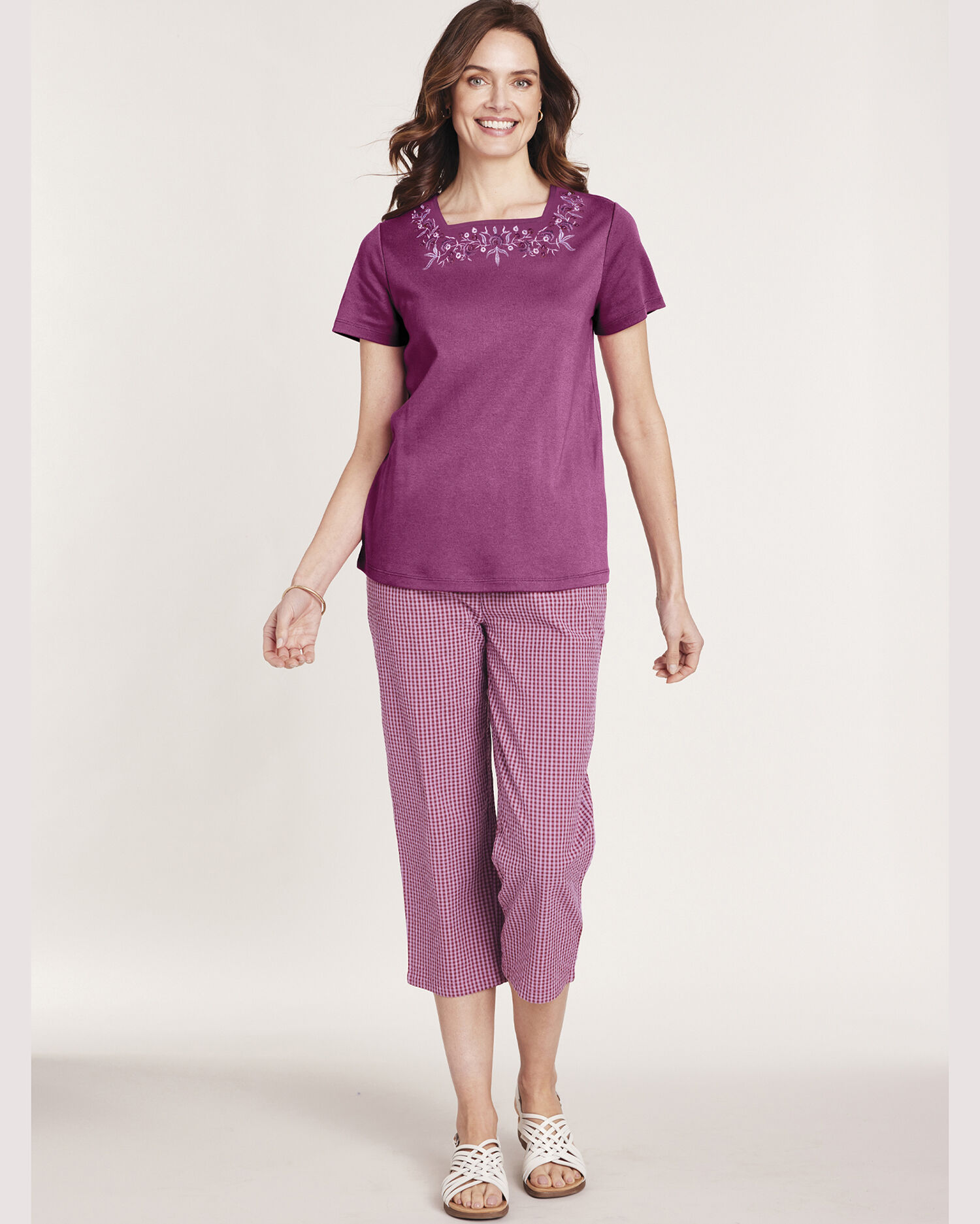 Embroidered Seersucker Capri Set