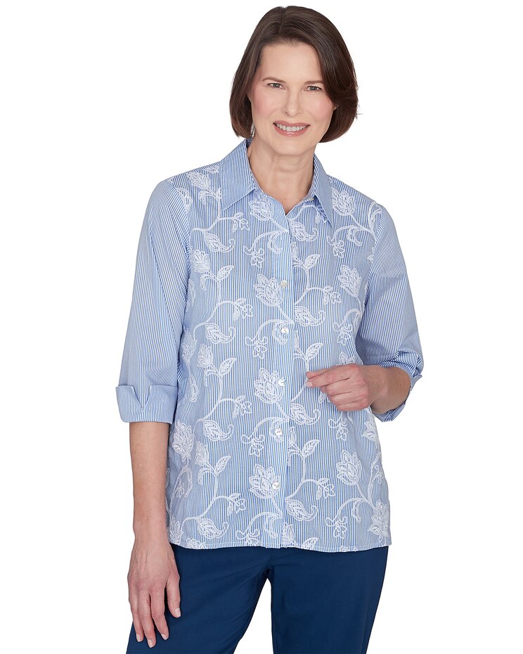Alfred Dunner® Classics Embroidered Pinstripe Button Down Top image number 1