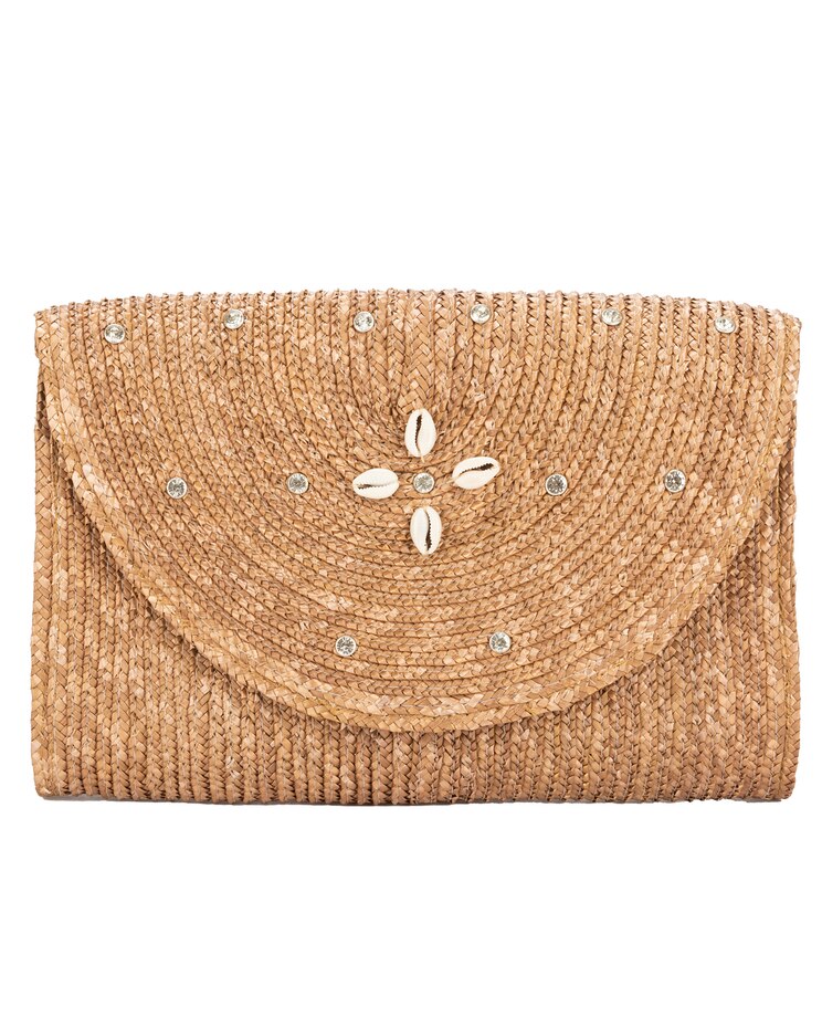 By The Sea Shore- Fine Wheat Straw Braid Clutch With Seashell Flowers image number 1