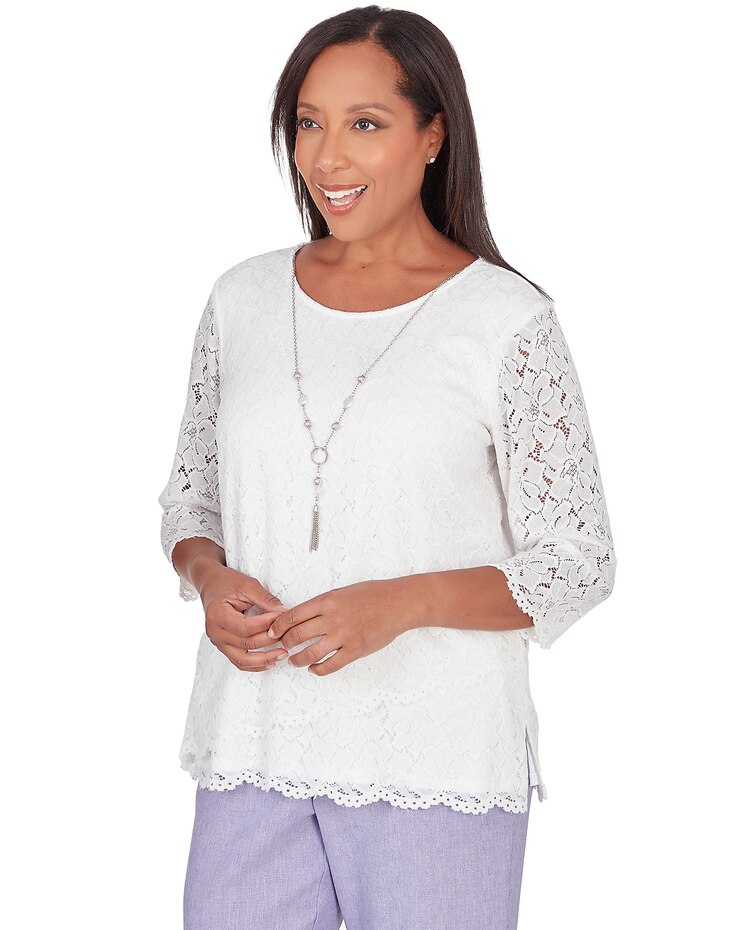 Alfred Dunner® Isn't It Romantic Lace Tulip Hem Top with Necklace image number 5