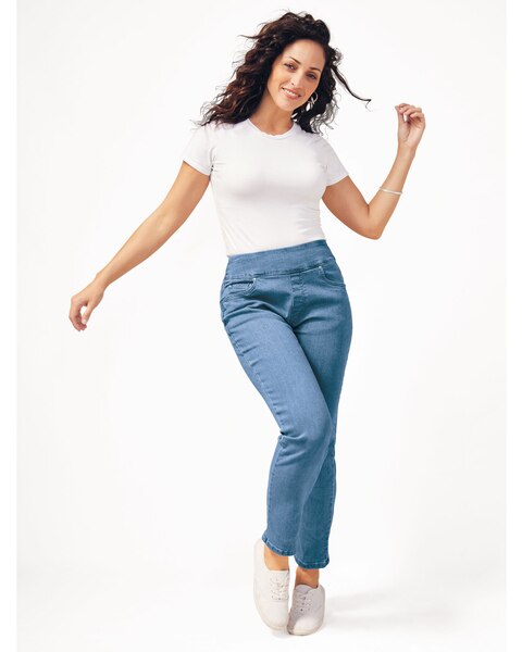 DenimEase™ Flat-Waist Straight Embellished Jeans