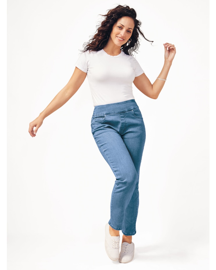 DenimEase™ Flat-Waist Straight Embellished Jeans image number 1