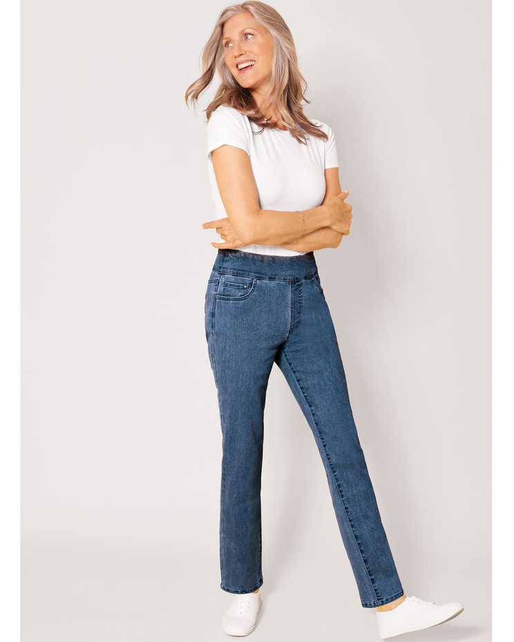 DenimEase Flat-Waist Pull-On Jeans image number 3
