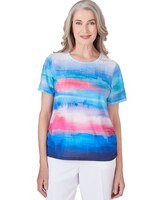 Alfred Dunner® Paradise Island Crew Neck Short Sleeve Watercolor Stripe Top with Side Ruching thumbnail number 1