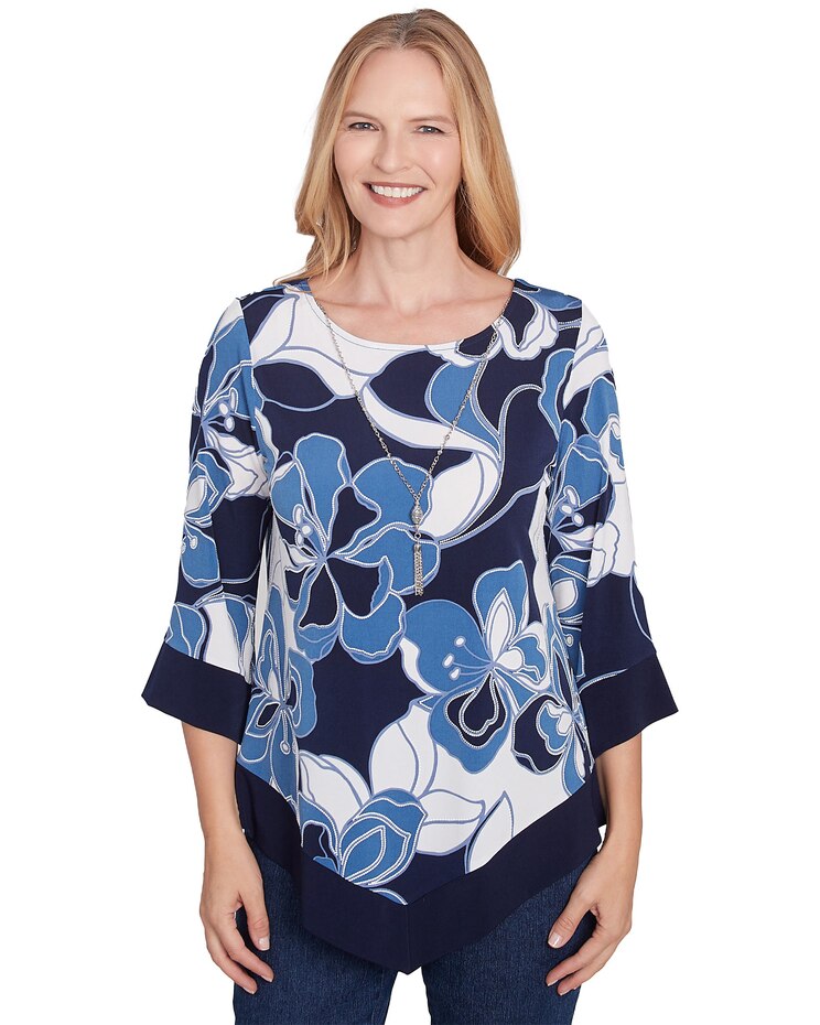 Alfred Dunner® Classics Abstract Bold Floral Patchwork Top with Necklace image number 1