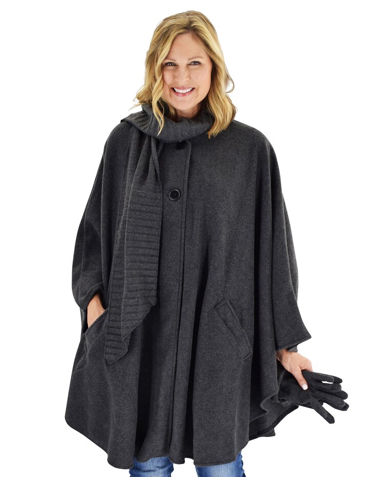 Fleece Wrap w/ Pleated Scarf & Gloves Set image number 1