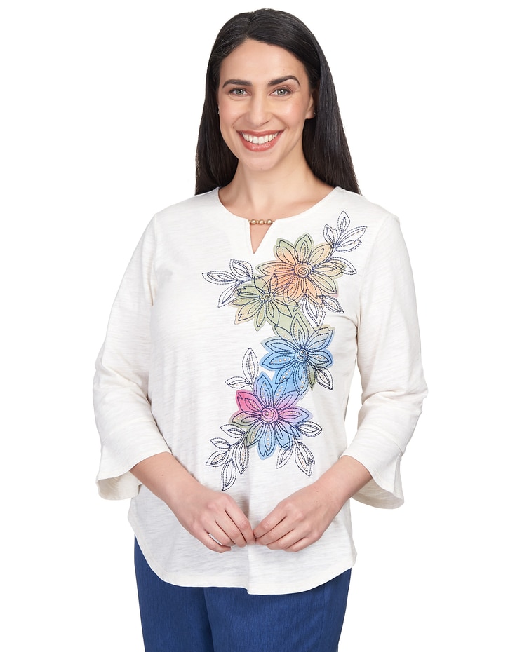 Alfred Dunner® Chelsea Market Asymmetric Flower Embroidery Shirttail Top image number 1