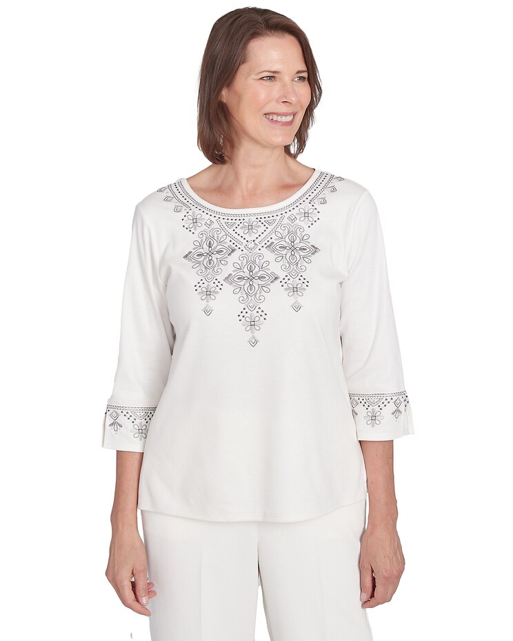 Alfred Dunner® Copenhagen Medallion Collar Embroidery Top image number 1