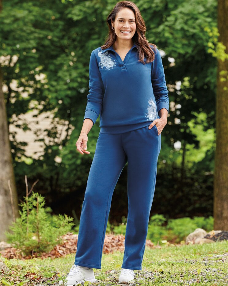 Haband Women’s 2-Pc. Fleece Set, Embroidered Top & Elastic Waist Pants image number 1
