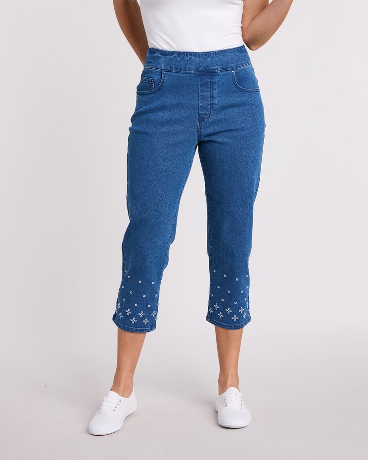 DenimEase™ Embroidered Flat-Waist Capris image number 1
