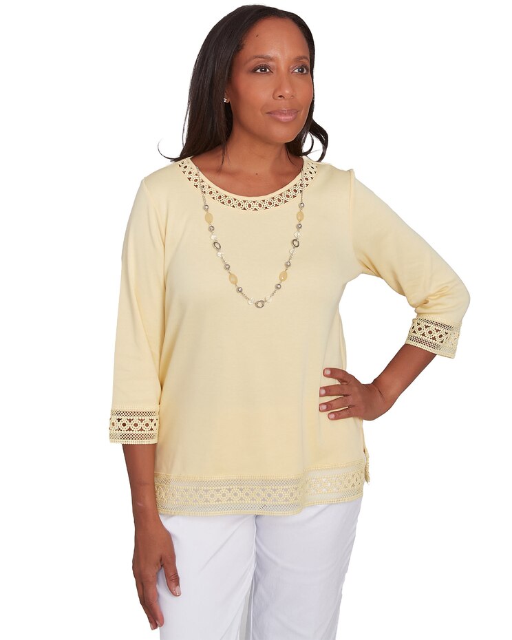 Alfred Dunner® Dress Code Solid Lace Trim Top with Necklace image number 1