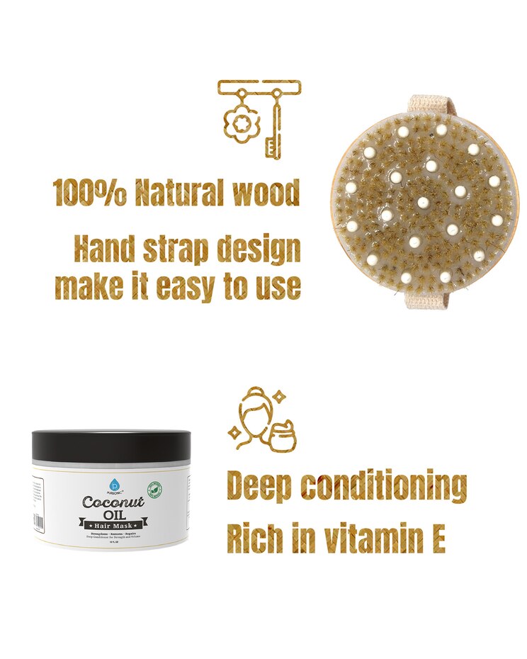 Pursonic Hair Care and Massage Bundle: Bath Brush and Rubber Massager with Lotus wooden handle + 100% Natural Coconut Oil Hair Mask 10 Oz image number 2