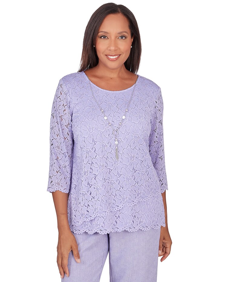 Alfred Dunner® Isn't It Romantic Lace Tulip Hem Top with Necklace image number 1