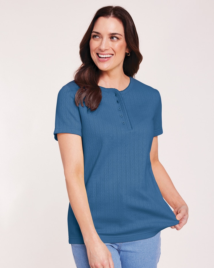 Short Sleeve Pointelle Henley Top image number 1
