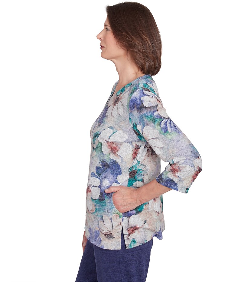 Alfred Dunner® French Quarter Watercolor Floral Melange Top With Pockets image number 4
