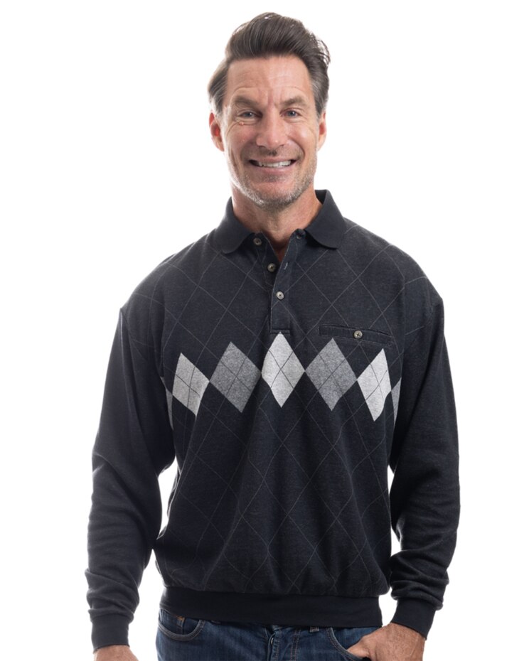 Palmland Long Sleeve Diamond Printed Banded Bottom Polo image number 1