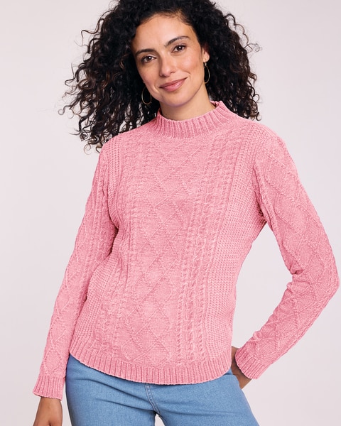Chenille Mock Neck Cable Sweater