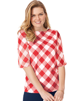 Elbow-Length Sleeve Gingham Check Boatneck Top thumbnail number 1