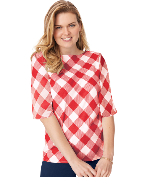 Elbow-Length Sleeve Gingham Check Boatneck Top