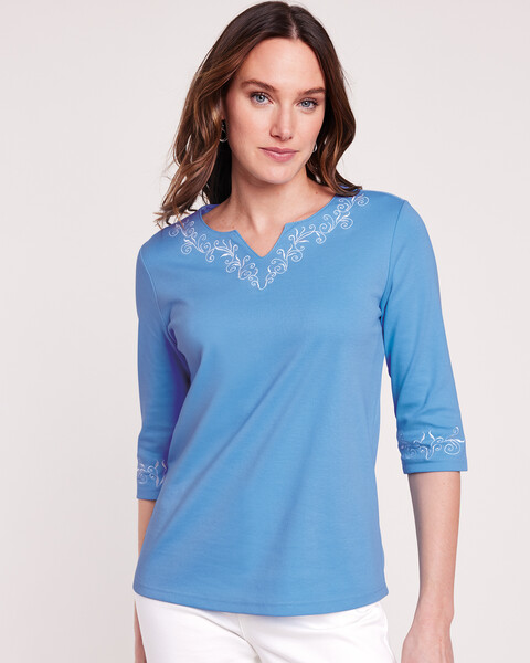 Essential Knit Embroidered V-Notch Top