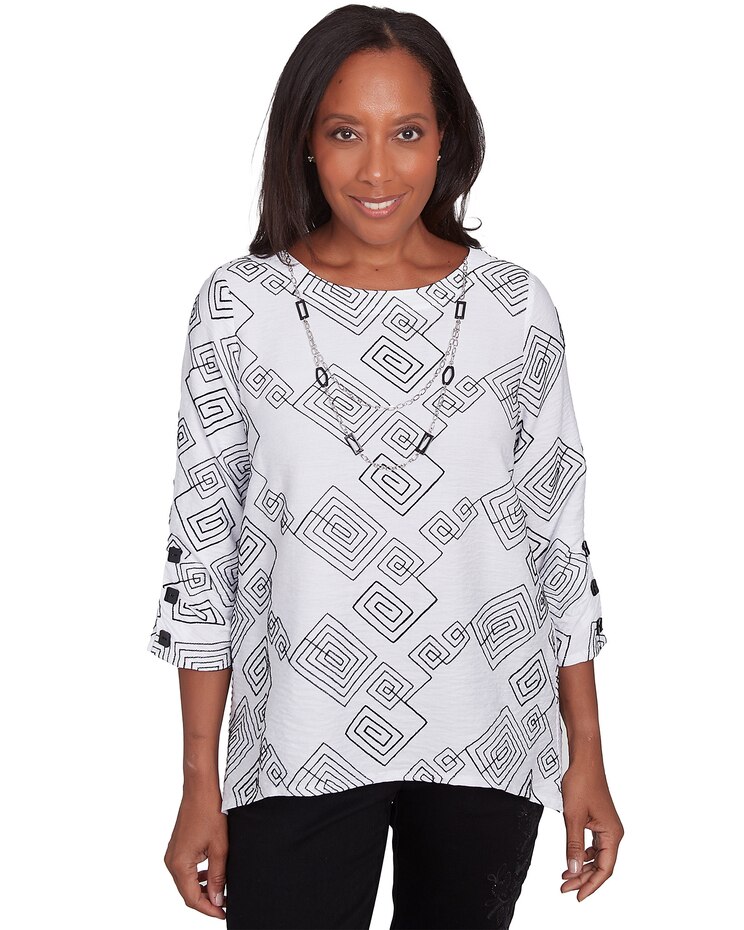 Alfred Dunner® Wild At Heart Geometric Woven Top with Necklace image number 1
