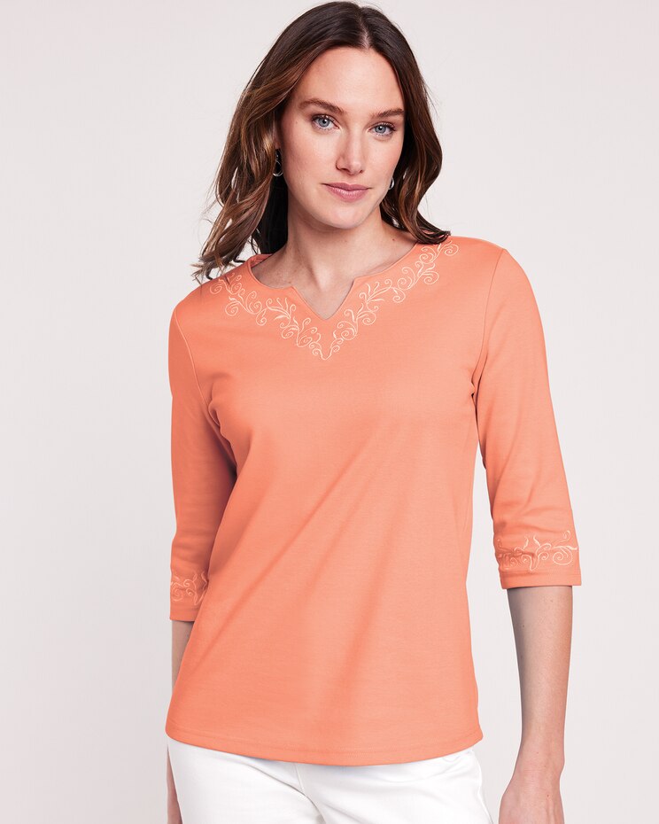 Essential Knit Embroidered V-Notch Top image number 1