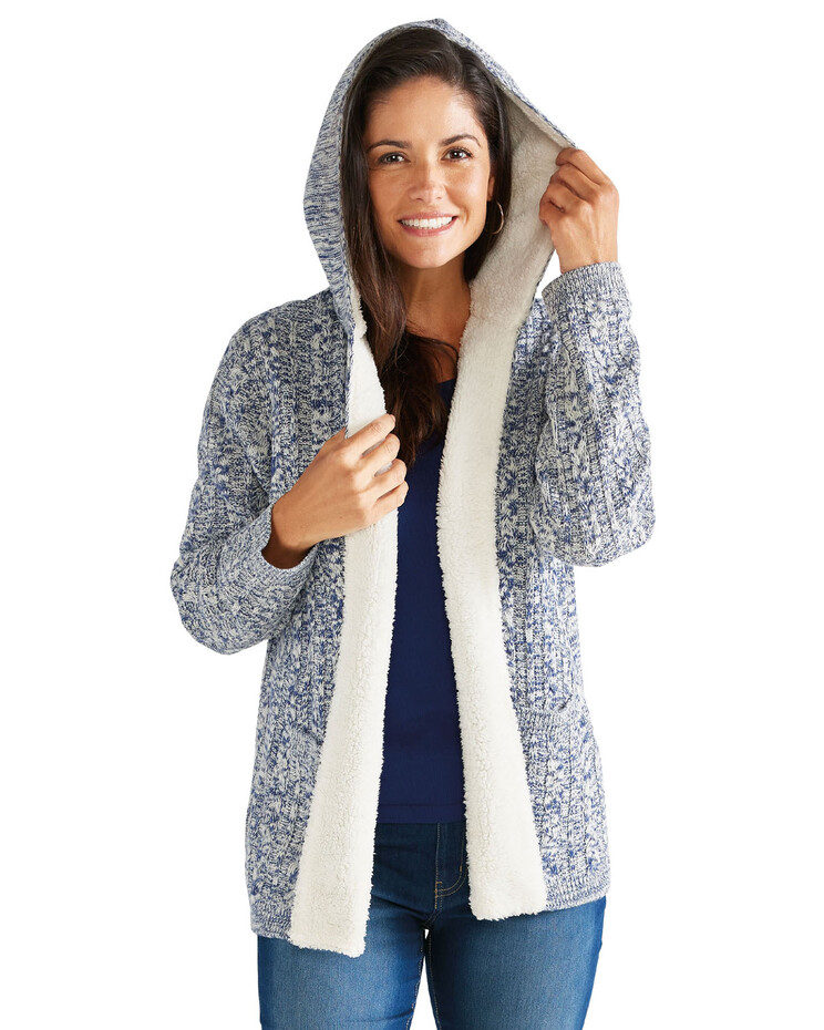 Haband Women’s Sherpa Trim Marled Knit Cable Cardigan with Hood | Blair