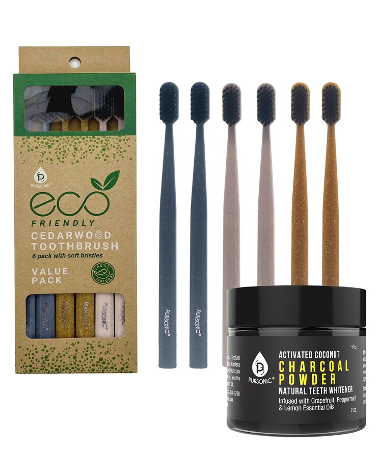 Pursonic Natural Radiance Combo: Activated Coconut Charcoal Powder Natural Teeth Whitener + 100% Eco-friendly Cedarwood Toothbrushes (6 Pack) image number 1