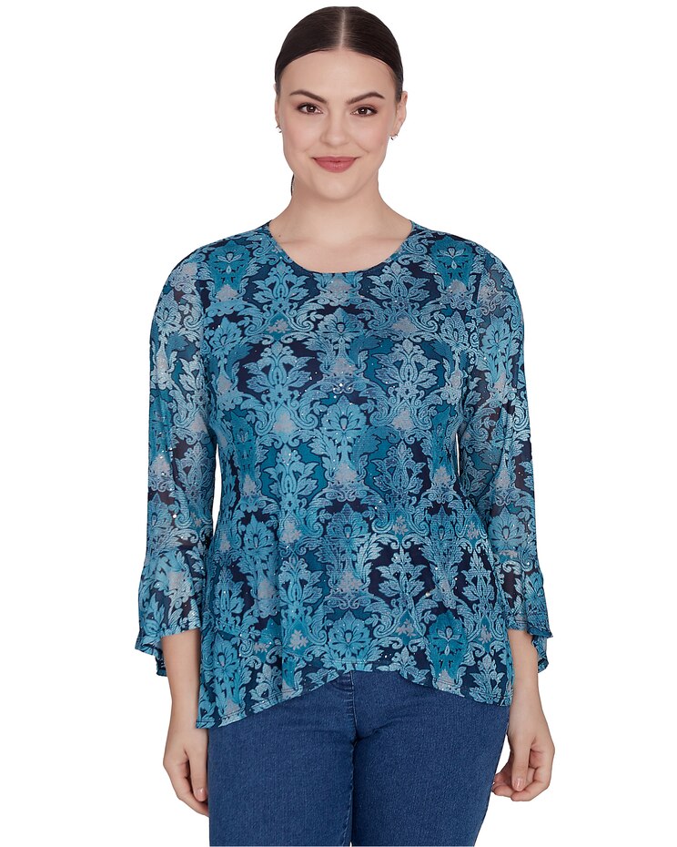 Ruby Rd® Wintery Glow Knit Damask Mesh Top image number 1