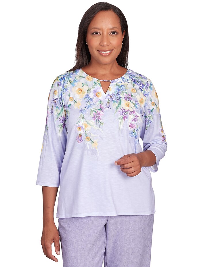 Alfred Dunner® Isn't It Romantic Spring Flower Split Neck Top image number 1
