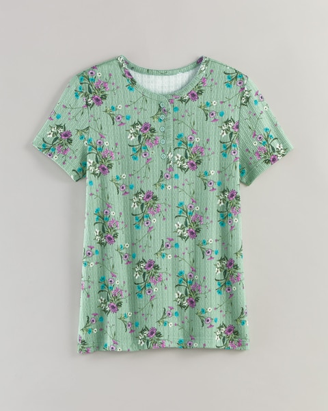 Print Short Sleeve Pointelle Henley Top